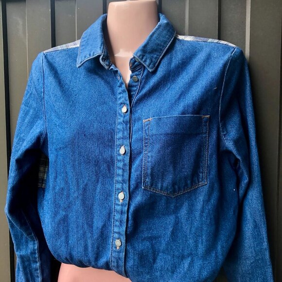ASOS Women’s Denim Shirt with Plaid Back Yoke Chambray Y2K Western 90s Size 0 US - Picture 5 of 8